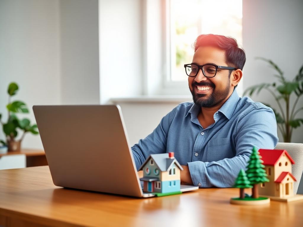 A relaxed person viewing a clear financial dashboard with goal models on the desk