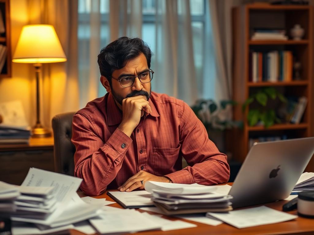 A worried person buried in scattered paper statements